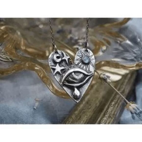Silver Celestial Moonstone Crying Eye Sun Heart Pendant Necklace - Picture 2 of 9